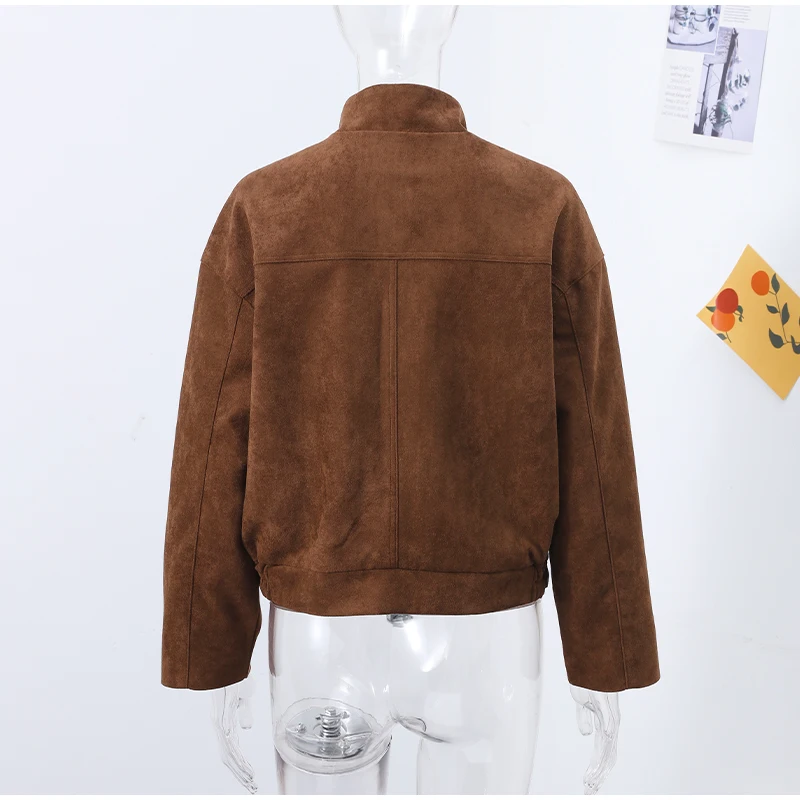 Description Picture 3 of itemVintage Women Suede Bomber Jacket Stand Zipper Pocket Street Coat Female 2025 Spring Casual Full Sleeve Commute Ladies Outerwear