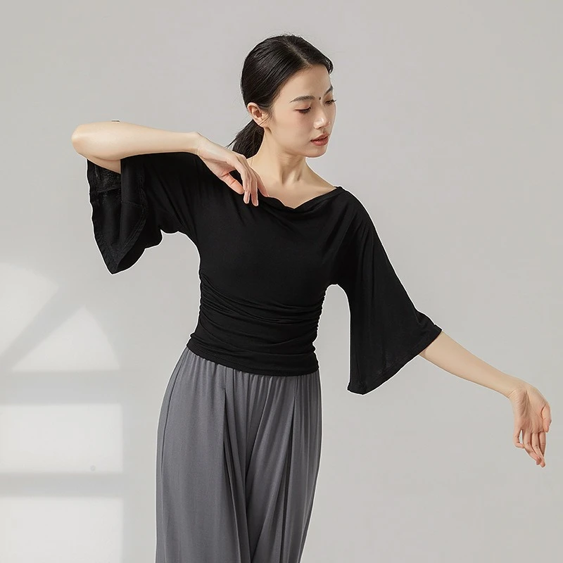 Modern Dance Outfit for Women One-shoulder Slimming T-shirt Fashionable Design and Flared Sleeves Classic Dance-like Top