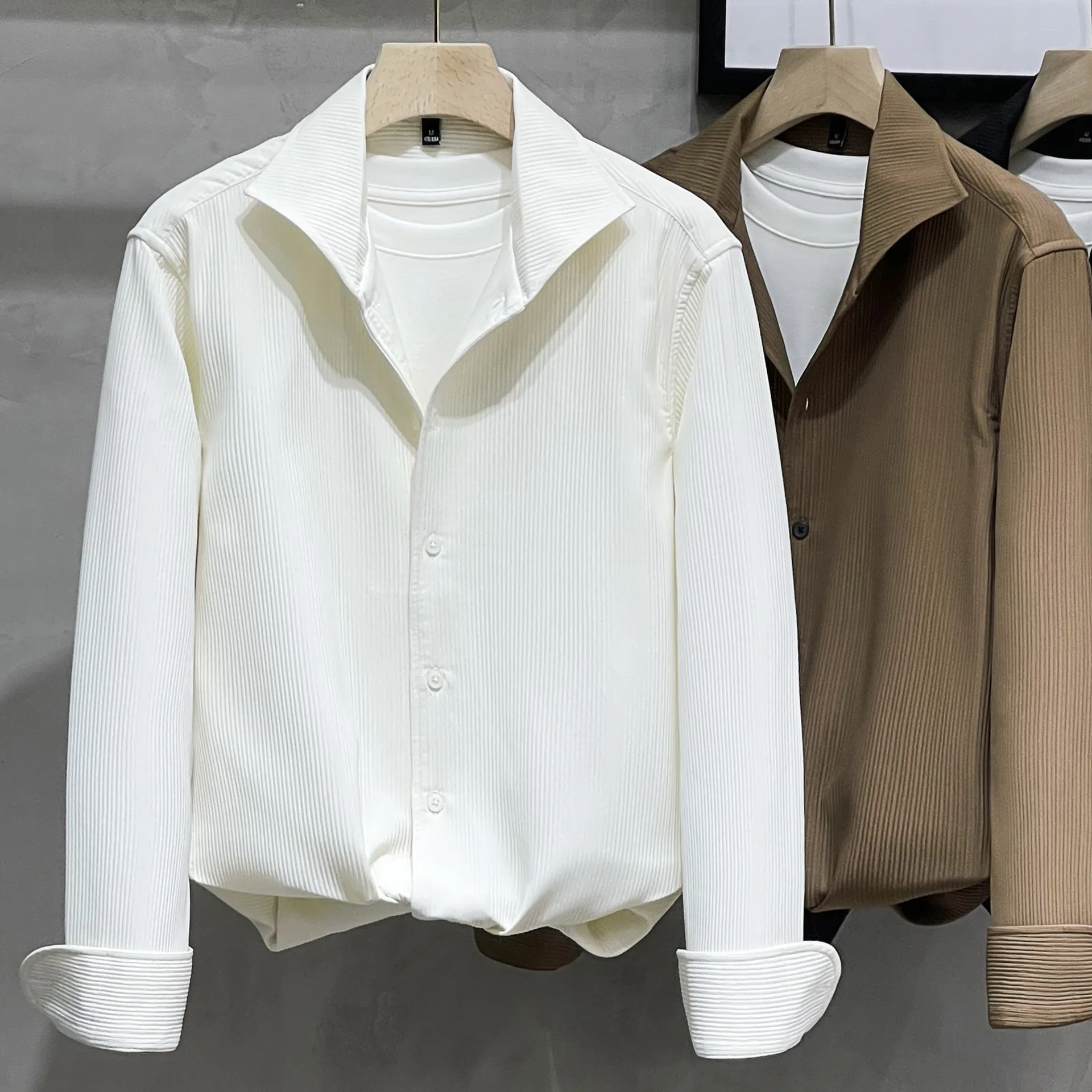 Chemise Homme Col Windsor Blanc Manches Longues Texture Haut de Gamme Soie Glacée Printemps-Automne Style Mature Léger