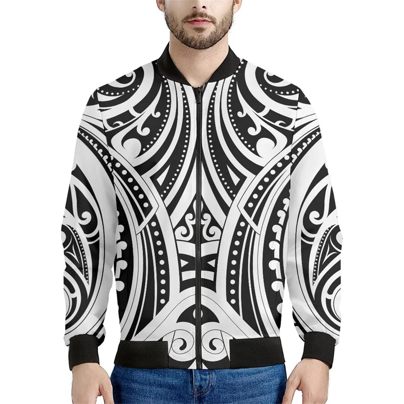 thumbnail image 1 of Chaqueta con cremallera maorí en blanco y negro para hombres y niños, sudadera de gran tamaño con estampado 3D, chaquetas bomber de manga larga para primavera y otoño, 1 of 5