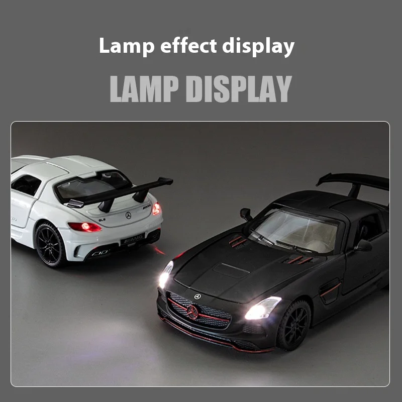 1:32 메르세데스 벤츠 SLS AMG 슈퍼 스포츠카 합금 다이캐스트 모델 자동차 사운드 & 라이트 키즈 어린이 장난감 선물 소년 수집 취미