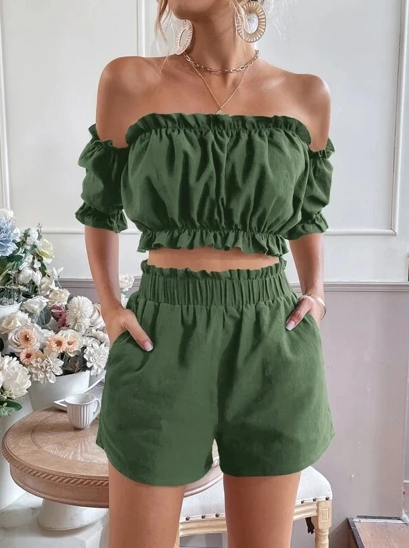 

Fashion Casual Two Piece Set Women Outfit 2023 Autumn Off Shoulder Ruffled Top & Elegant Shorts Set Female Clothing