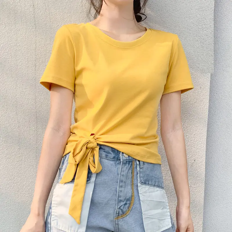 

Irregular Bow Lacing T Shirts Short Sleeve Solid All-match Street Casual Tops Tees Fashion Vintage Women Clothing Summer New