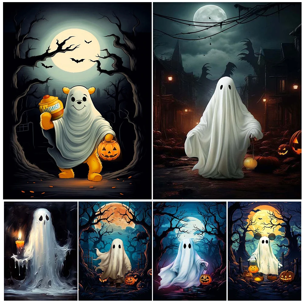 

Ghost Haunted Forest And Spooky Season Abstract Wall Art Canvas Painting Sheeted Ghost Art Poster And Print Home Decor Unframed