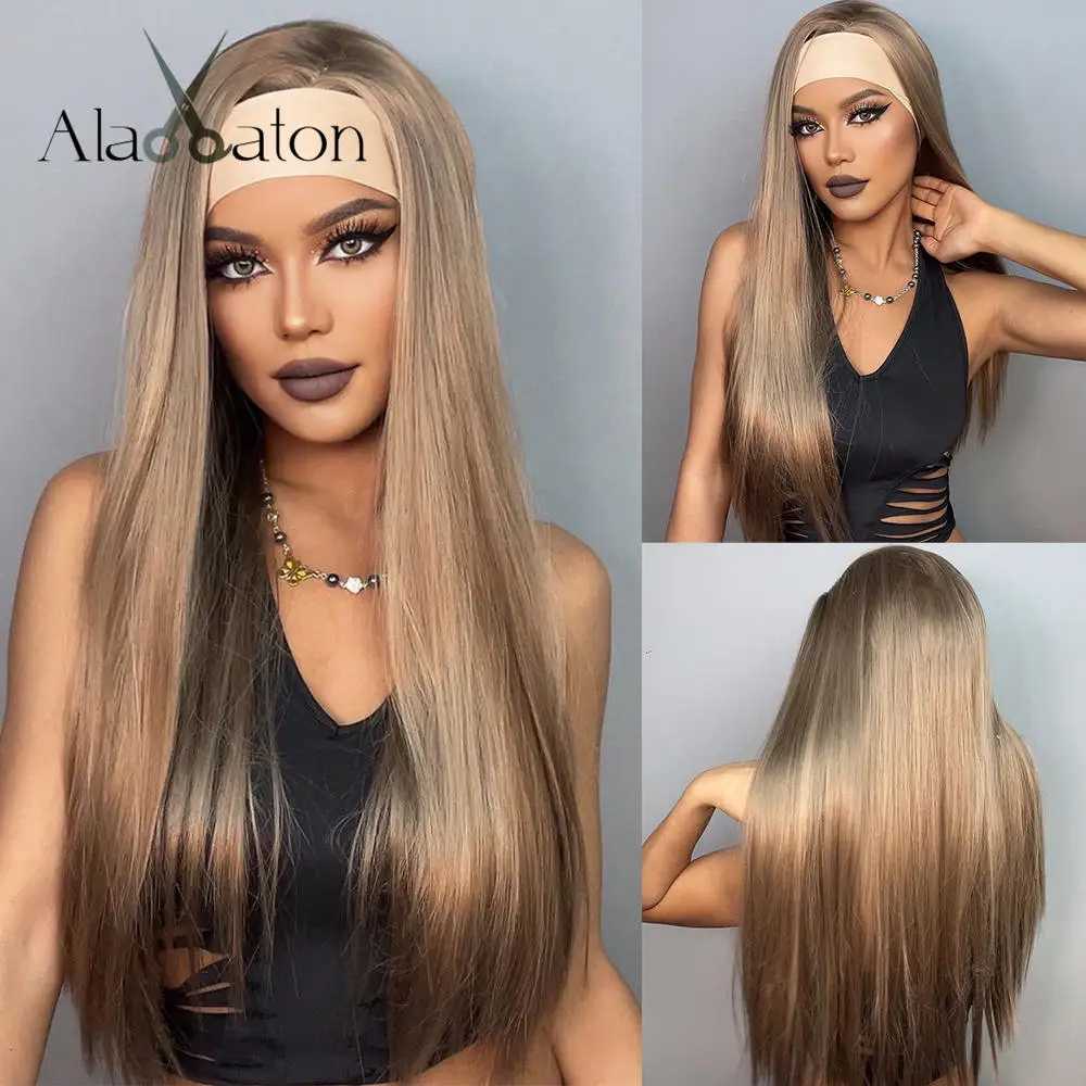 ALAN EATON Long Straight Brown Blonde Synthetic Headband Wigs for Black Women Golden Hair Wigs Daily Cosplay Use Heat Resistant alan hewitt project noche de passion 1 cd