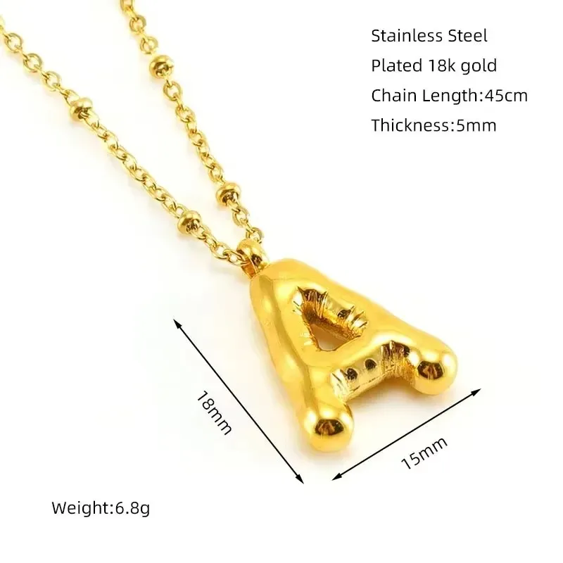 Chunky Bubble Balloon 26 Letter Pendant Neckalce for Women Stainless Steel Chain Gold Plated Initial Alphabet Adjustable Ring