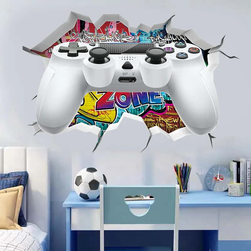Game Console Broken Wall Hole Art Vinyl Mural Stickers for Home Kids Bedroom Play Room Gamer Zone Internet Cafe Decorations Cool wall stickers
