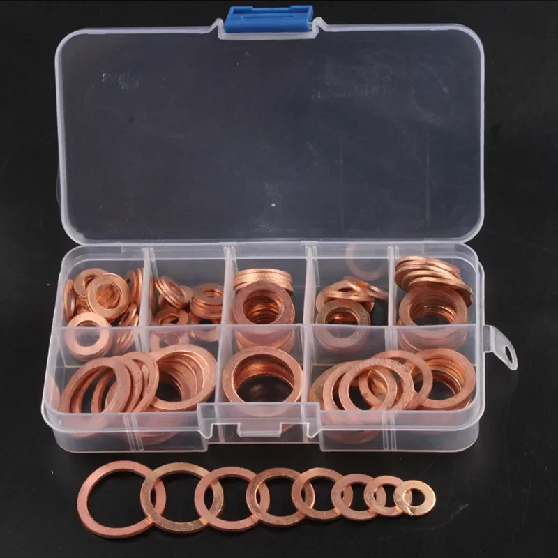 120pcs 8 Sizes Solid Copper Washers Sump Plug Assortment Washer Set Plastic Box Professional Hardware Accessories