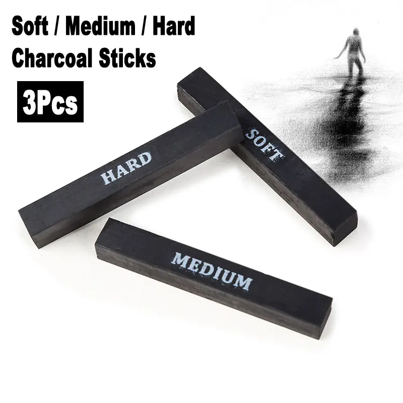 3Pcs Set Professional 10x10x65mm Art Sketch Compressed Charcoal Bars Sticks Rods Soft / Medium / Hard For Artist Drawing Supply