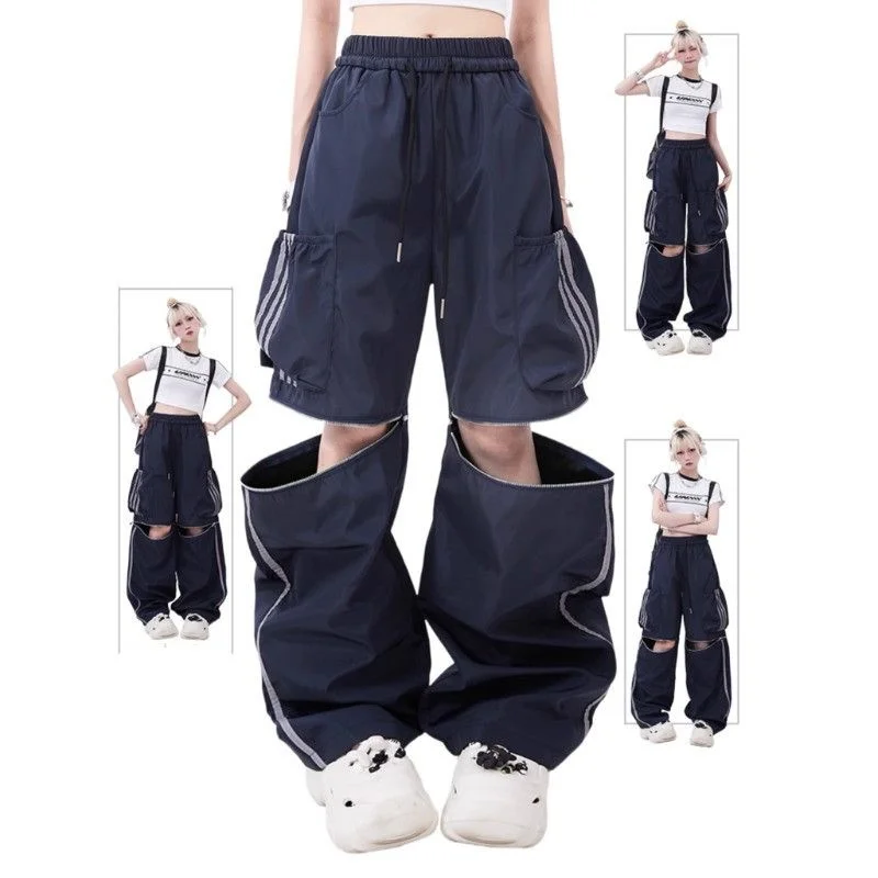 2023 New Cargo Pants Men's Summer High Street Multi Pocket Zipper Design Straight Trousers For Women High Waist Wide Leg Pants