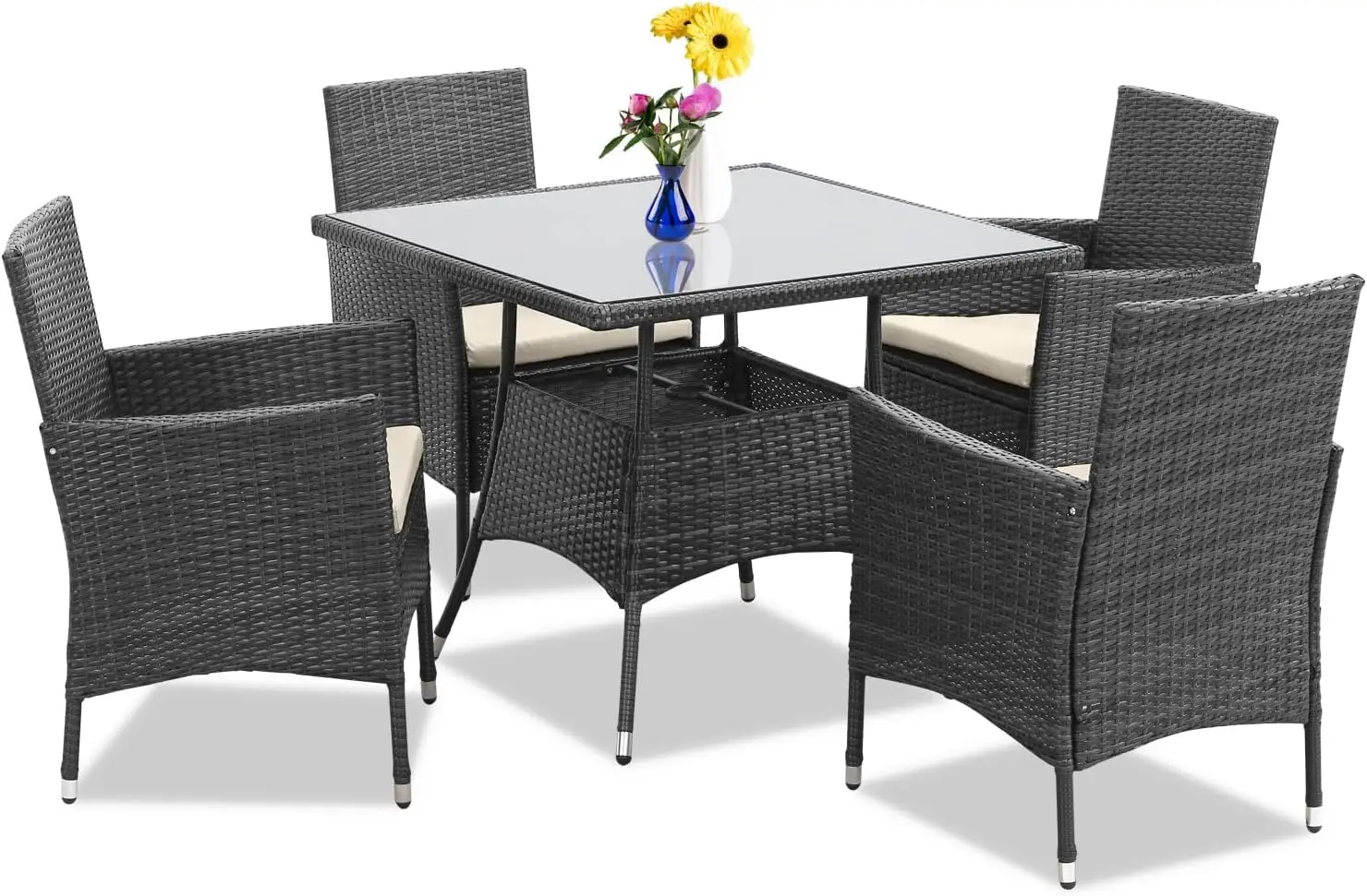 

5 Piece Patio Dining Sets, Patio Table and Chairs for 4 with Cushions, Wicker Outdoor Dining Set w/Square Tempered