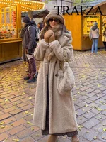 TRAFZA Vintage Teddy Long Coat Women Autumn Winter Lapel Chic Long Sleeve Double Breasted Big Jacket Woman Street Blend Overcoat 2
