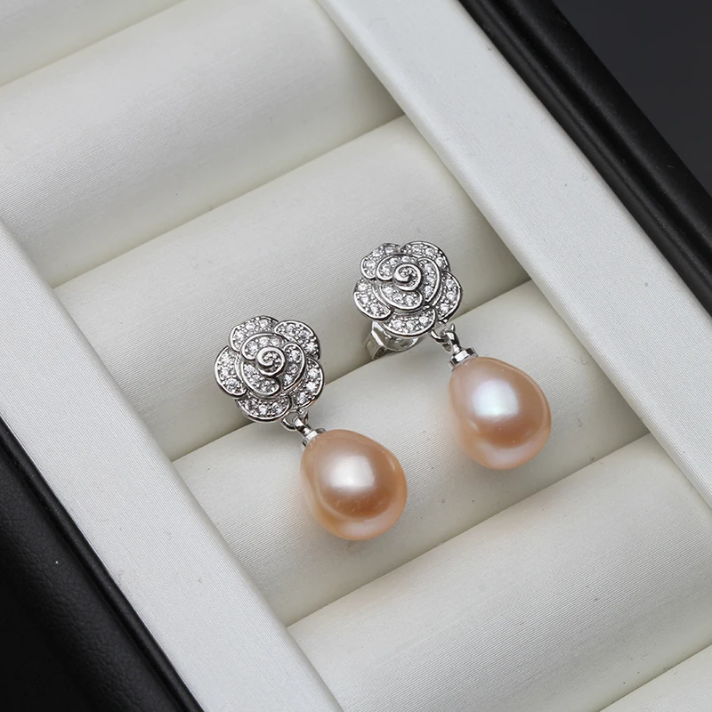 Good Original 925 Sterling Silver Pearl Earrings Women,Flower Cultured Natural Freshwater Pearl Earrings Mother White Black