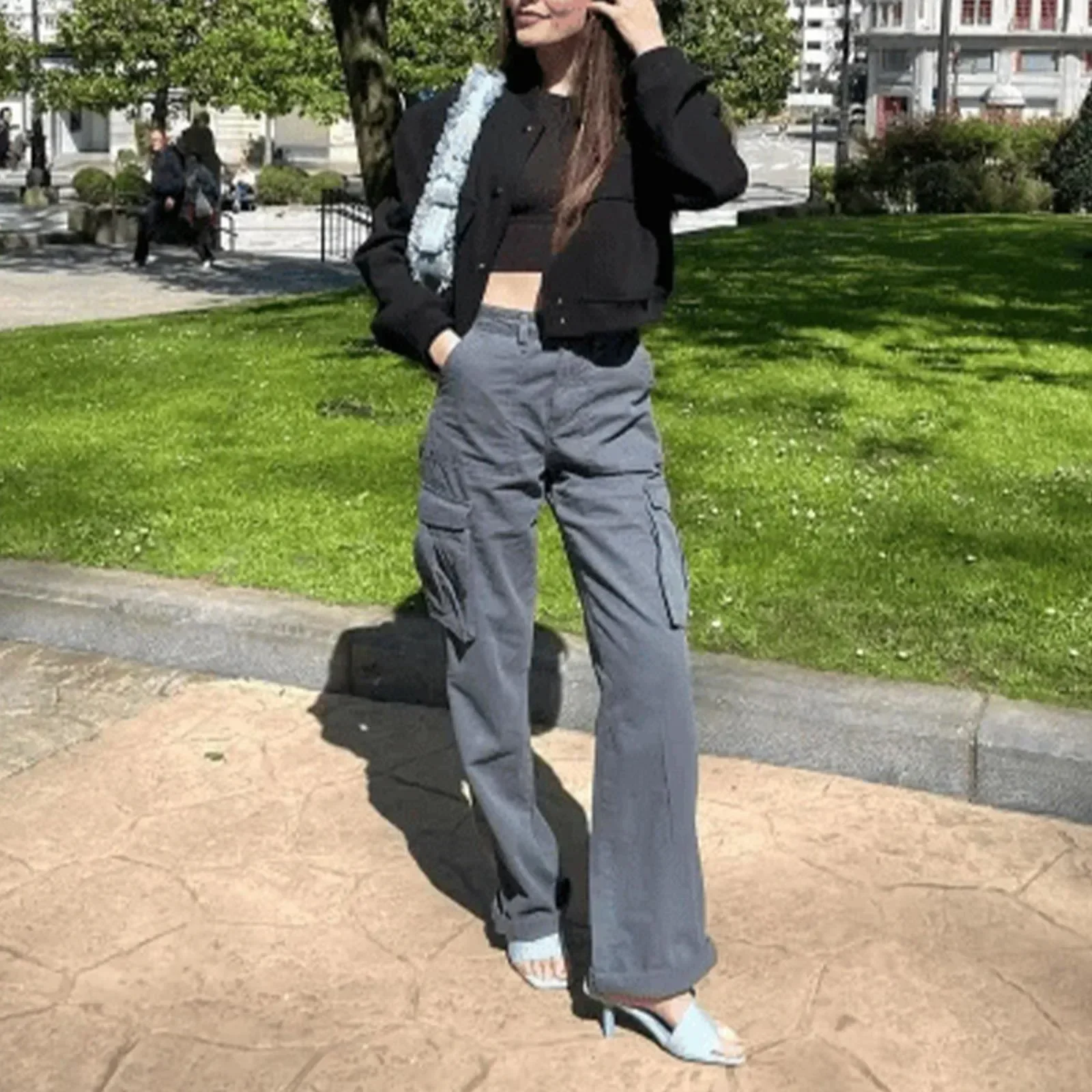 Adjustable Straight Fit Cargo Pants Women Baggy Wide Leg
