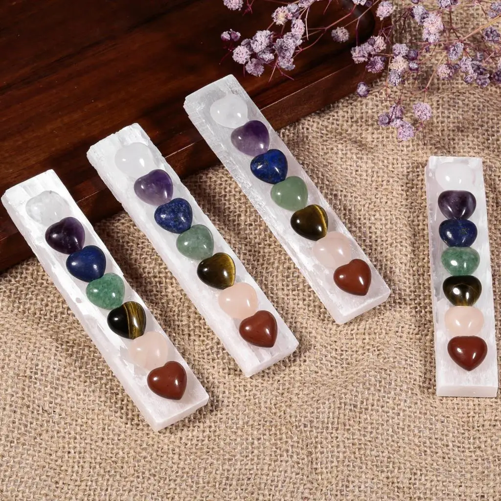 Healing 7 Chakra Puff Love Heart Stones On Selenite Wand For Chakra Balancing Home Decoration