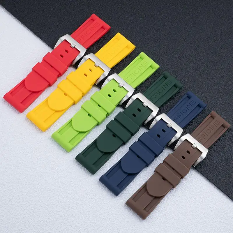 

COE 24mm Green Blue Red Brown Waterproof Soft Silicone Wathcband For Panerai Strap For PAM441 111 Bracelet With Stainless Pin
