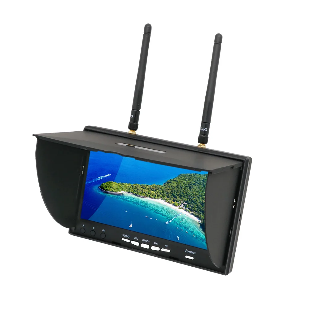 Moniteur FPV Eachine LCD5802D de profil montrant les entrées AV et antennes