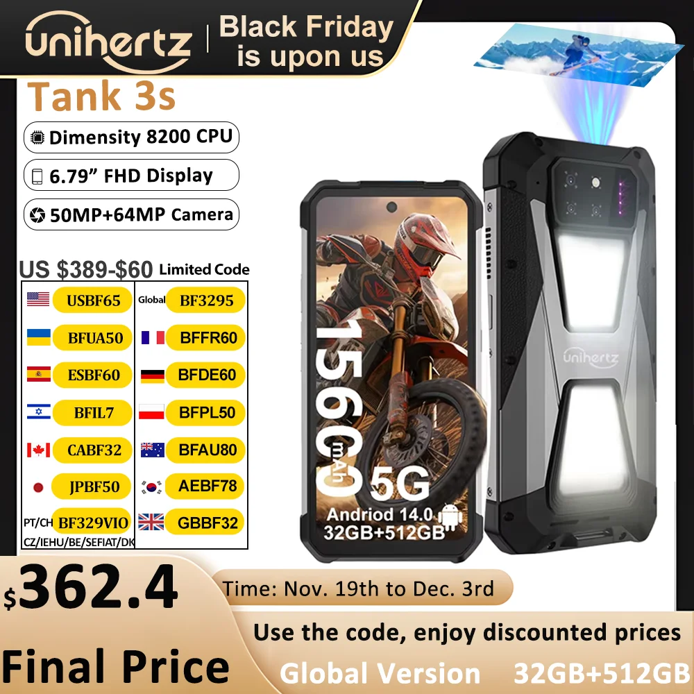 Unihertz tank 3s 8849 powered phone with projector 24/32GB 256/512GB Dimension 8200 cellphone 15600mAh 66W smartphones