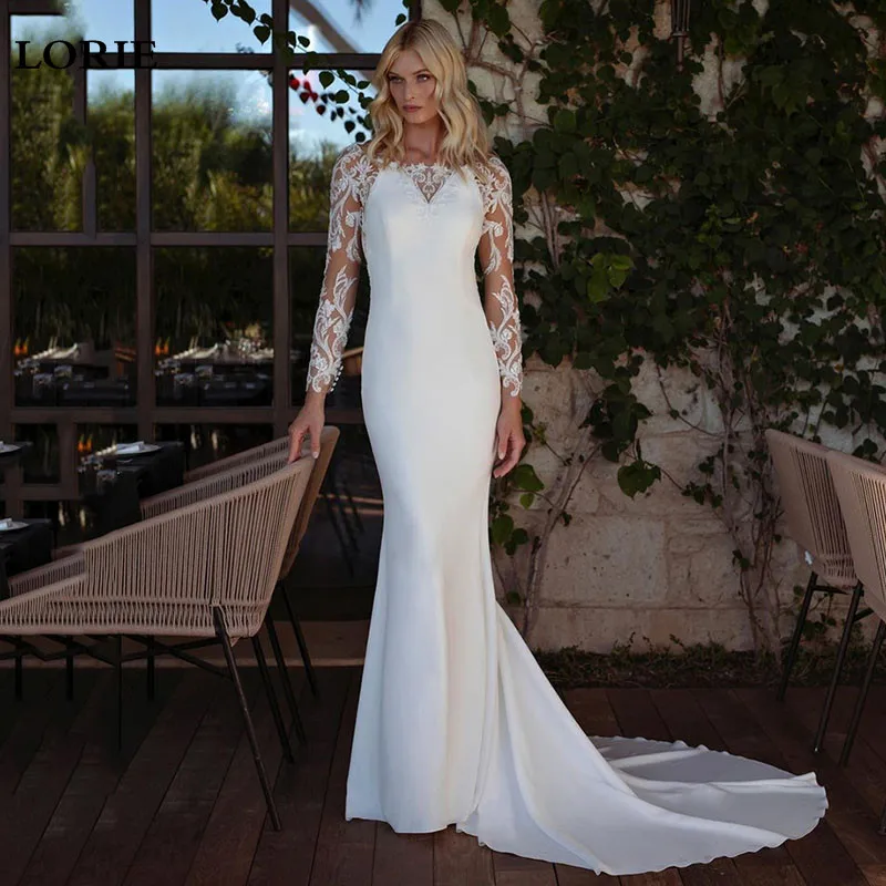 

LORIE Long Sleeve Lace Mermaid Wedding Dress Matt Soft Satin Bridal Dresses vestidos de novia Appliqued Lace Boho Wedding Gown