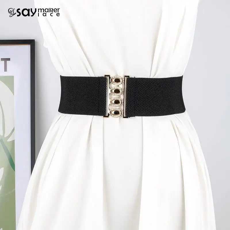 

Women's Wide Elastic Waist Belt Fashion Simple Metal Buckle Waistband Corset Cinch Belt Dress Stretchy Belts