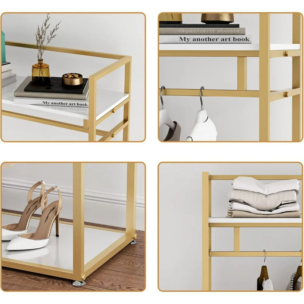 Sturdy Gold Metal Clothing Rack with Hanging and Shelves for Retail Display, 47.24 Linear Feet