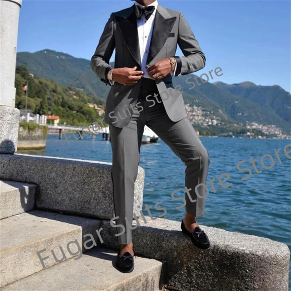 Business Classic Grey Wedding Men Suits Slim Fit Peak Lapel Groom Formal Tuxedos 2 Pieces Sets Luxuly Male Blazer Costume Homme