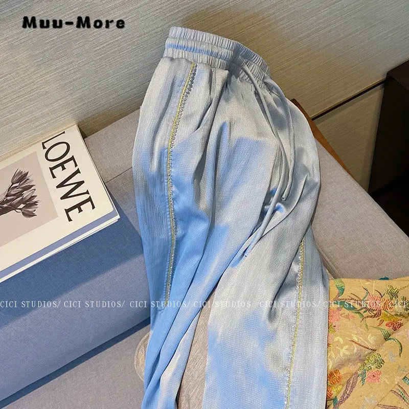 

Брюки женские повседневные с широкими штанинами, модные мягкие свободные штаны в стиле пэчворк, с завышенной талией, с разрезом, весна-лето 2023