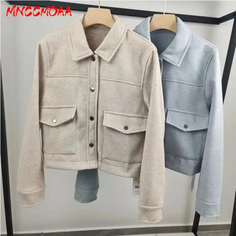 

MNCCMOAA 2024 Осенняя Женская модная однобортная короткая куртка с длинным рукавом пальто Женская однотонная Повседневная Верхняя одежда с карманами