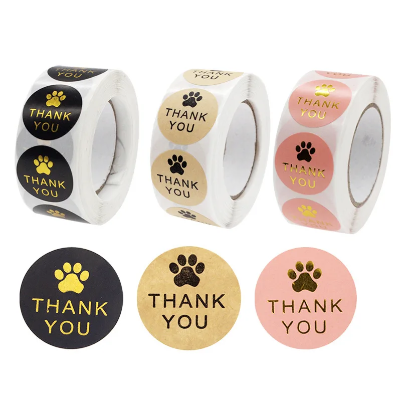 100-500pcs Cute Paw Thank You Stickers Seal Labels Bussiness Supplies 1 Inch Gold foil Gift Packaging Stickers Stationery Decor