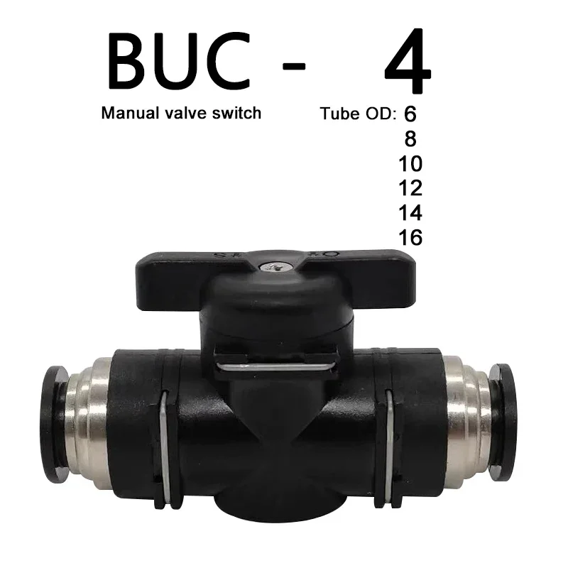 BUC Black Pneumatic Push In Quick Joint Connector Hand Valve-Turn Switch Manual Ball Current Limiting (4mm,6mm 8mm,10mm,12mm)
