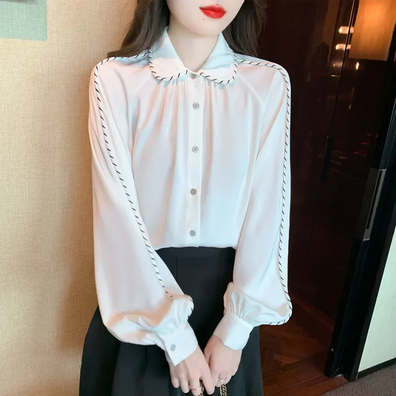 

Chiffon Women's Shirts Stripe Patchwork Loose Casual Blouses Polo-neck Clothing Fashion Long Sleeves Women Tops YCMYUNYAN