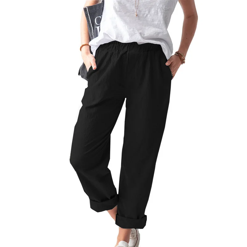 Women's Cotton Hemp Pants Solid Color Casual Elastic High-waisted Straight Trousers Women
