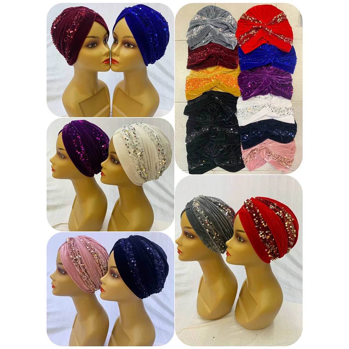 JDYaoYing Glitter Turban For Women - 3 Pack Pleated Headwrap Beanie Hair Cover (Pink/Coffee/Wine)