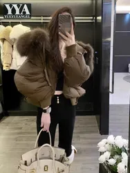 New Winter Women Down Coat Raccoon Fur Collar Hooded Short Coat Long Sleeve Fashion Casual Loose Fit Thick Warm Outerwear Female