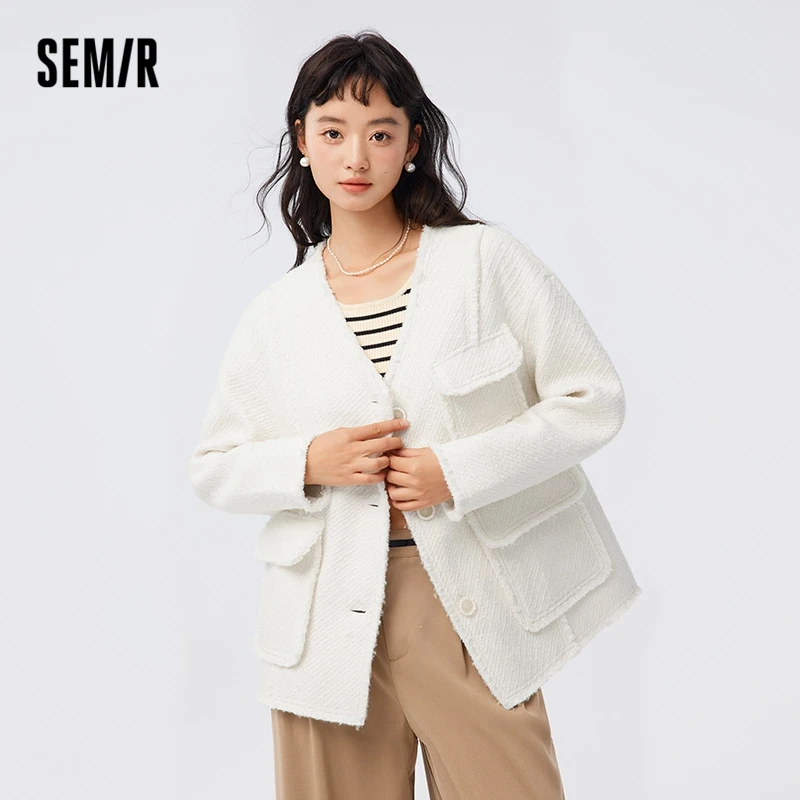 

Semir Women Coat Autumn New Mid-length Tweed Small Fragrance Elegant Gentle V-neck Loose Tassel Jacket in White Coat for Women