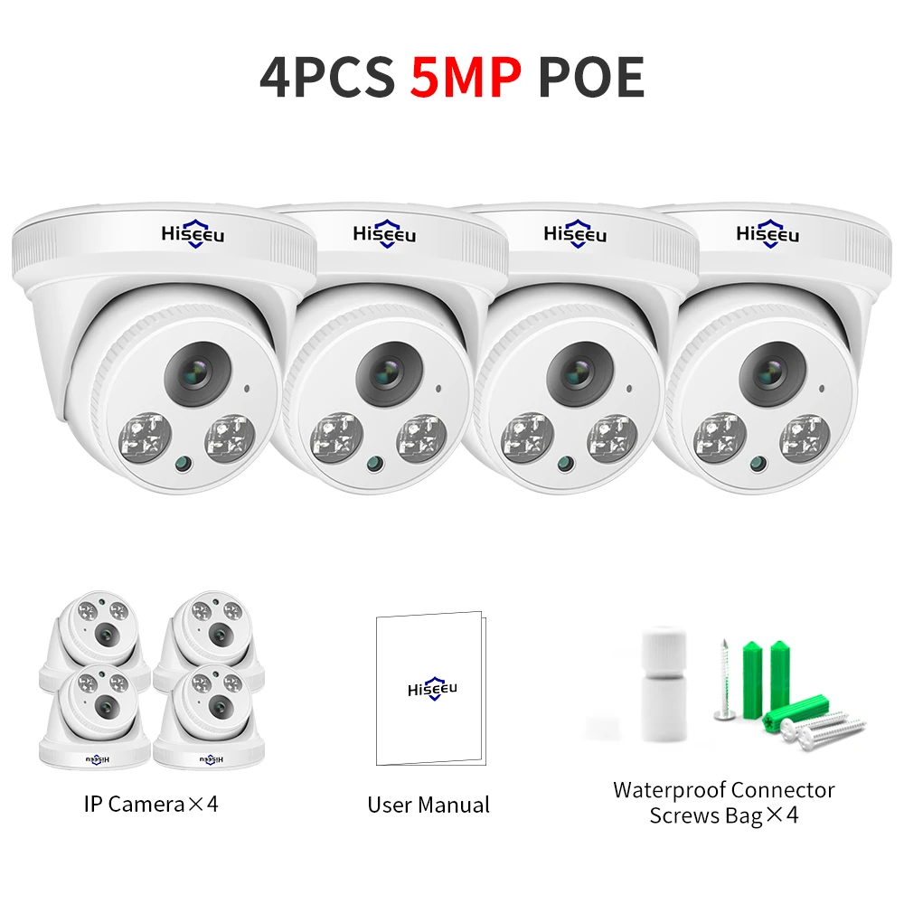 كاميرا Hiseeu H.265 + 4MP 5MP POE IP قبة CCTV ONVI...