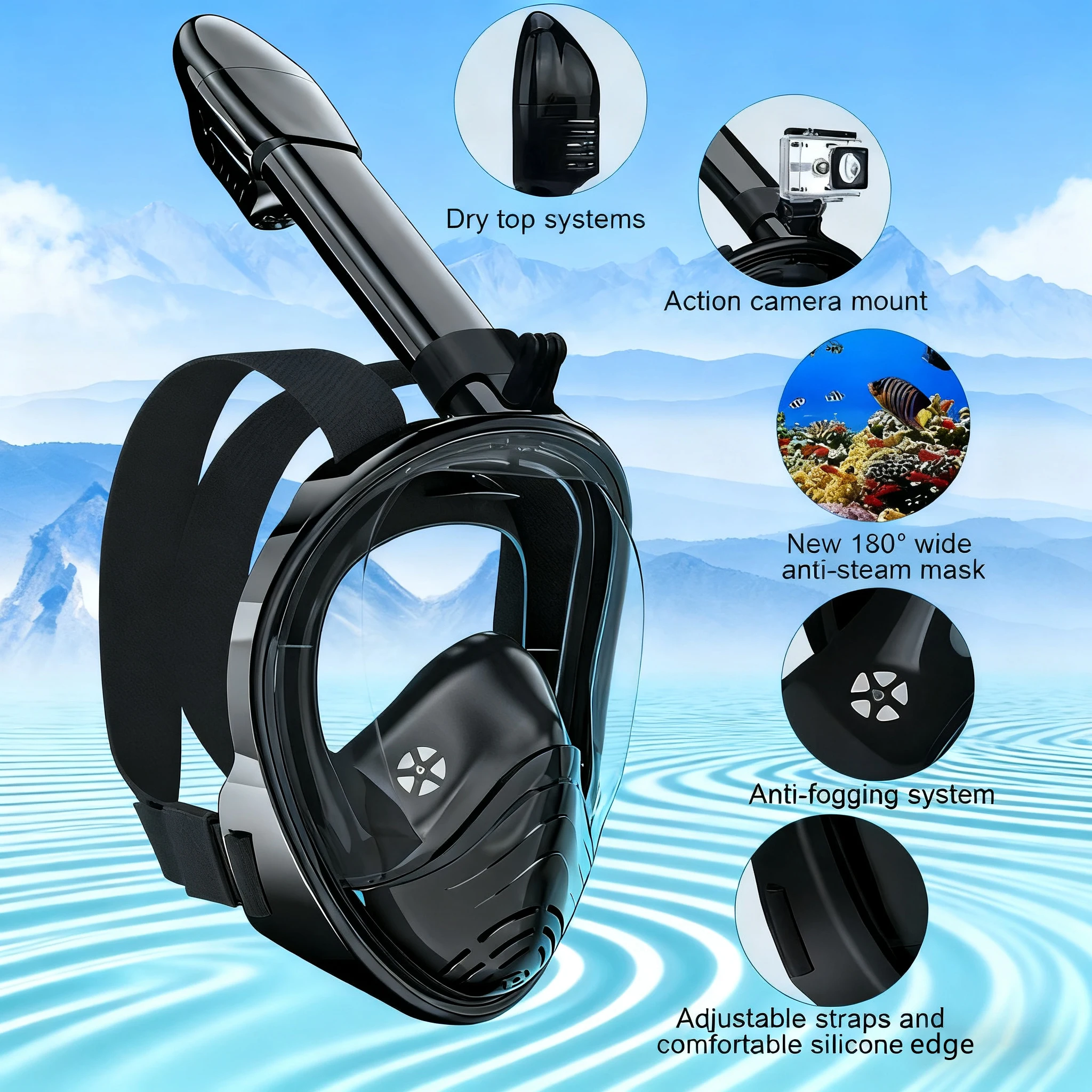신형 풀페이스 성인용 스노클 마스크 드라이 탑 180도 파노라마 뷰 스노클링 마스크 김서림 방지 누수 방지 스포츠 카메라 마운트 포함