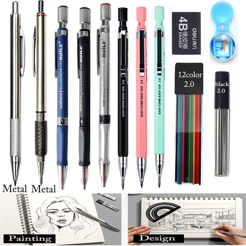 2.0 Retractable Mechanical Metal/Plastic Pencil Colored Black 2mm Refill 2B Lead Professional Pen For Sketch Drawing School