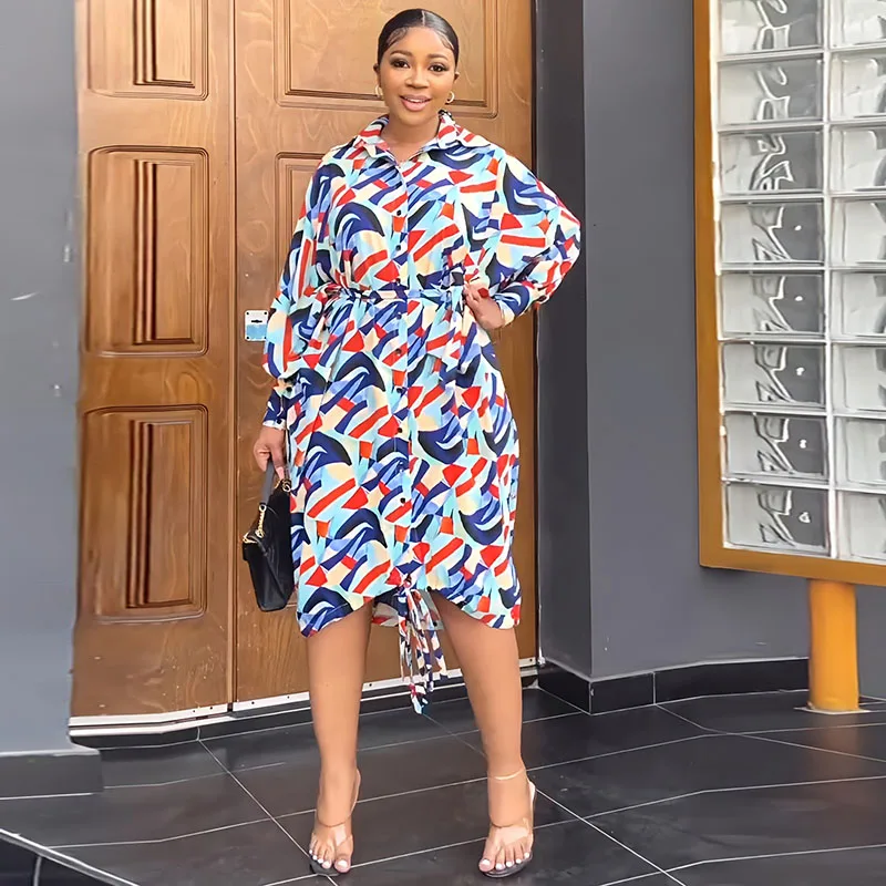 

African Shirt Dresses Women Long Sleeves Button Drawstring Loose Robe Spring New Print Streetwear Dashiki African Dress Vestidos