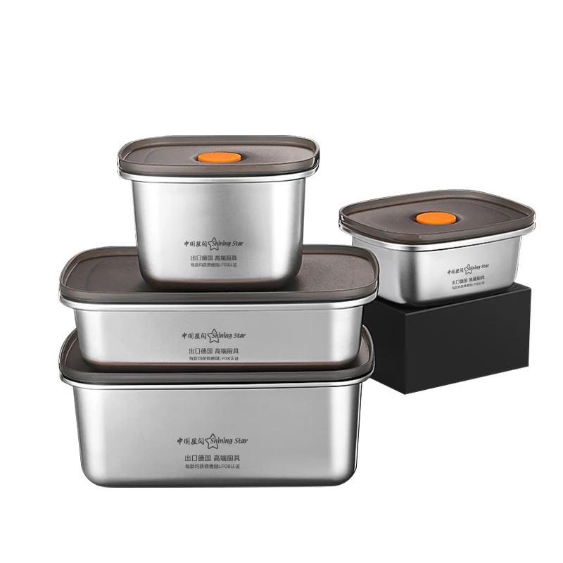 LFGB Certificate 304 Stainless Steel Crisper with Air Exhaust Valve Fruit Preservation Fridge Box Well Sealed Food Container