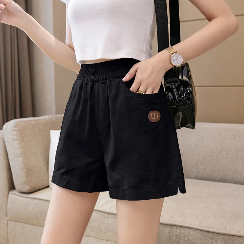 Women Summer Pure Cotton Loose Appear Thin Solid Color Straight Cylinder Labeling Fashion Elastic Waist Casual All-match Shorts