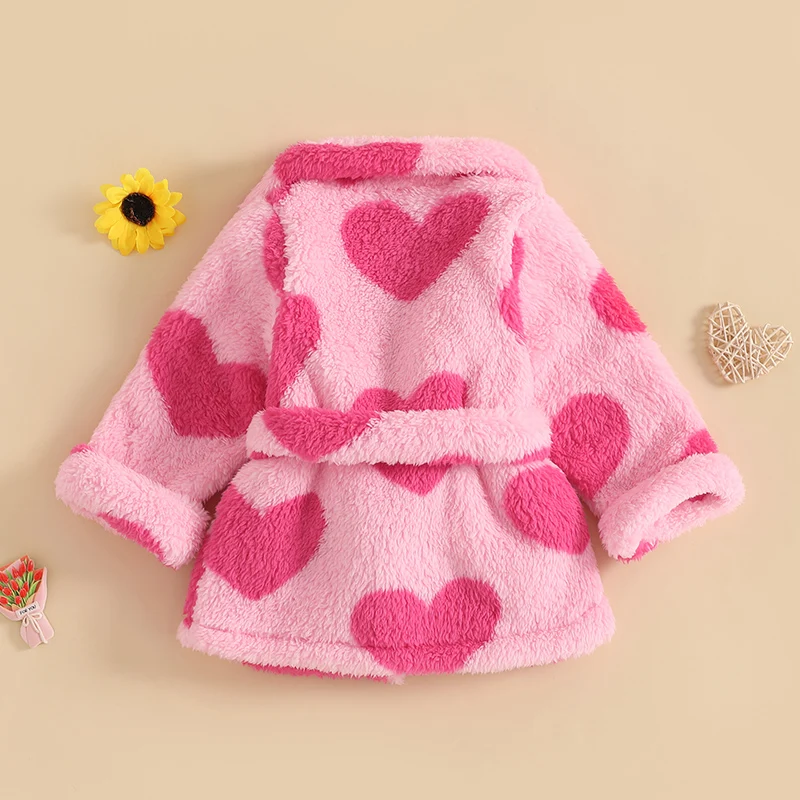Valentine s Day Toddler Girls Heart Print Fleece Bathrobe with Tie Waist and Long Sleeves-Cozy Kimono Robe for Loungewear and
