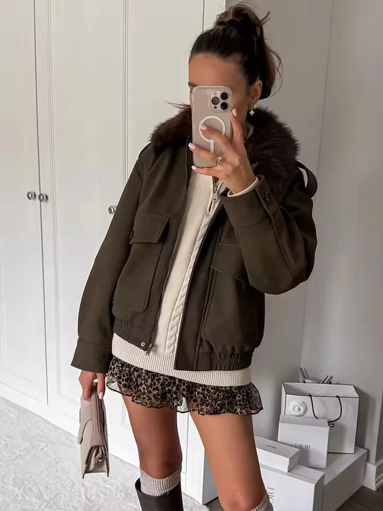 Women Suede Jacket 2025 New Autumn Winter Fashion Fur Collar Long Sleeve Zipper Coat Chic Female High Street Elegant  Outerwear