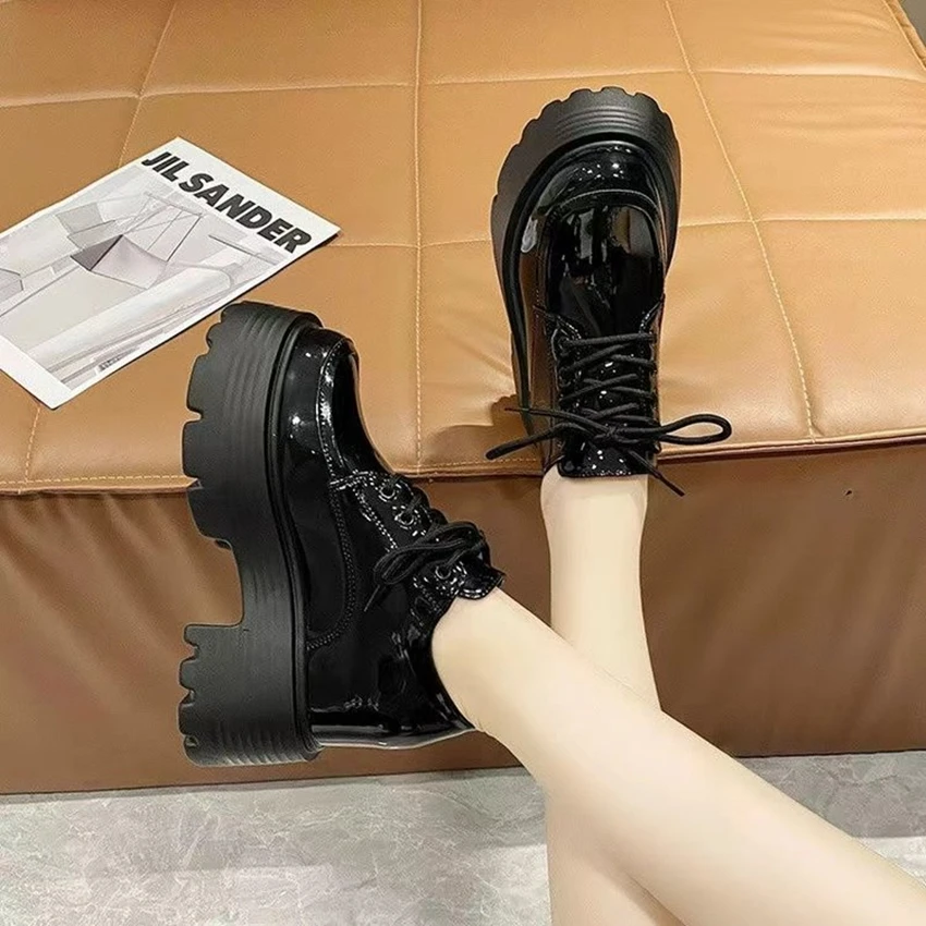 Spring Fall Women's Shoes New Line Matsuke Sole Casual Shoes Lace-up Lacquer Leather Glossy Top Lefu Shoes Single Shoe Fashion