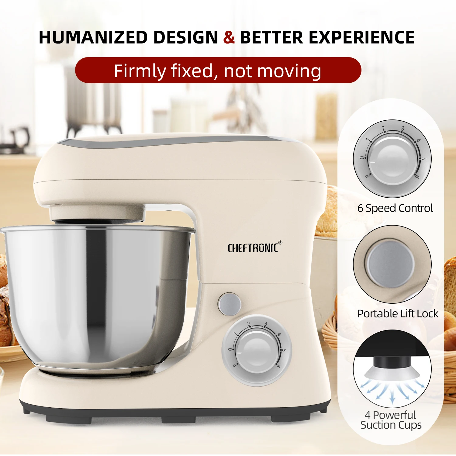 US Plug,1pc CHEFTRONIC Stand Mixer, 5Qt Tilt-Head Electric Household Stand Mixer - 500W 6+P Speed, Food Beater And Butter Beater 3