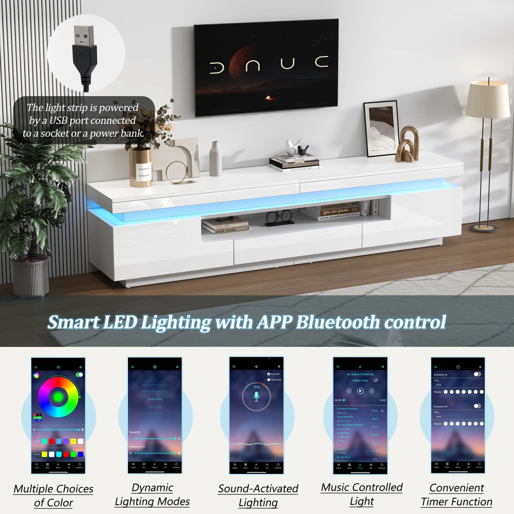 PINGGO Moderner LED-TV-Ständer Hochglanz-Medienkonsole mit L-förmigen Schränken Schublade Halboffener Stauraum Lowboard für Wohnzimmer – Detail 3