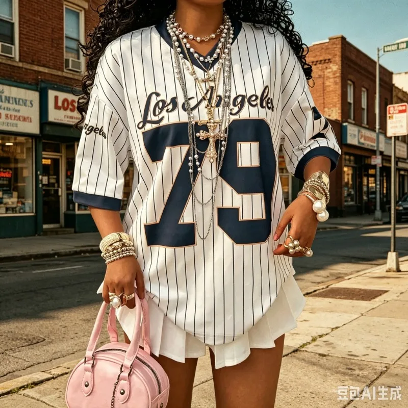 2026 Sommer Neu Los Angeles 79 Print Streifen T-Shirt für Damen V-Ausschnitt Kurzarm Sport Fußballtrikot Y2K Locker Übergroßes Oberteil