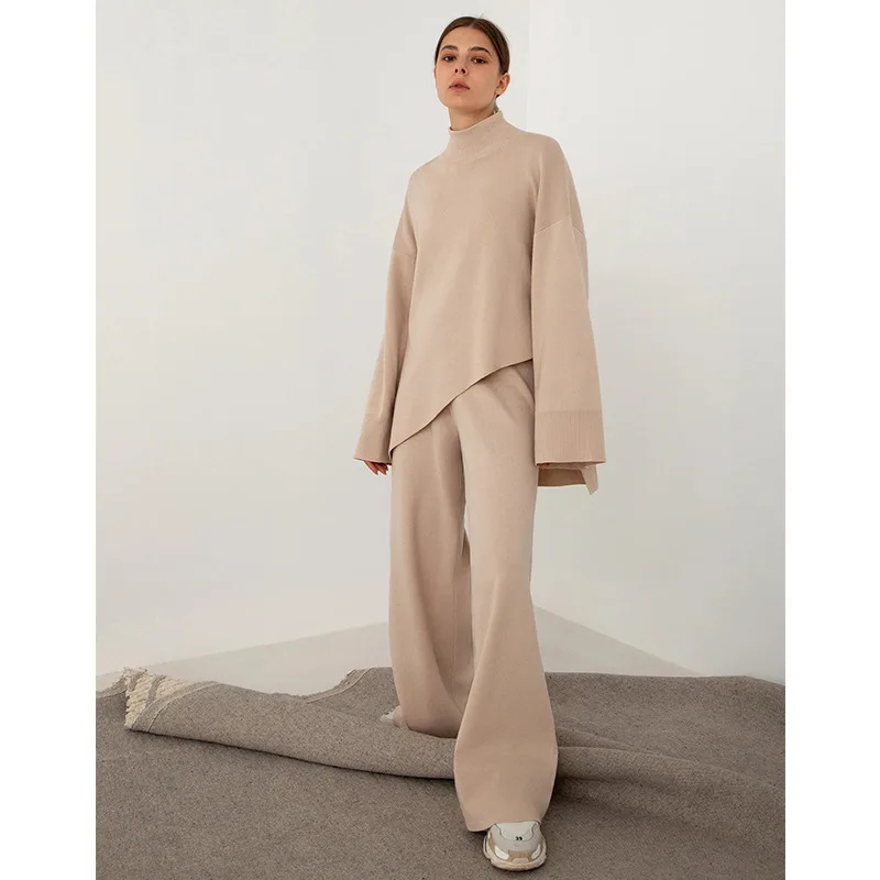

Knit Two Piece Set Women Sweaters Pant Sets Turtleneck Full Sleeve Jumpers Loose Fit Knitted Wide Leg Pant Sets Autumn Winter