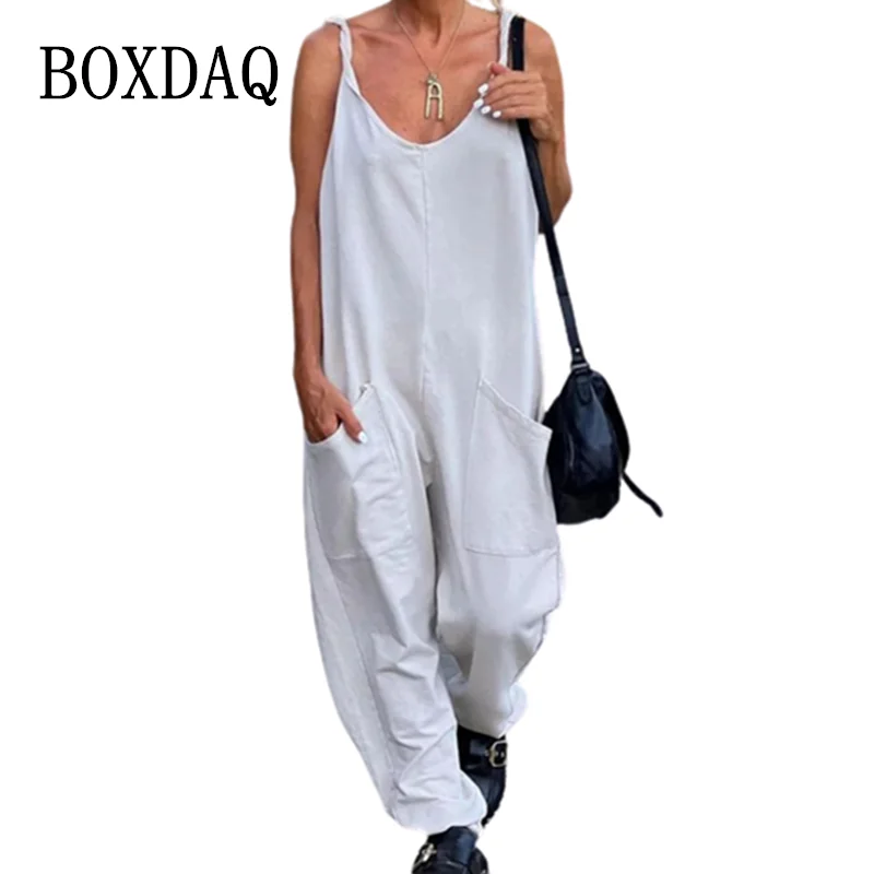 

2023 Summer Fashion Holiday Beach Jumpsuit Women Sexy V-neck Sleeveless Overall Jumpsuit Casual Solid Loose Pocket Romper Outfit