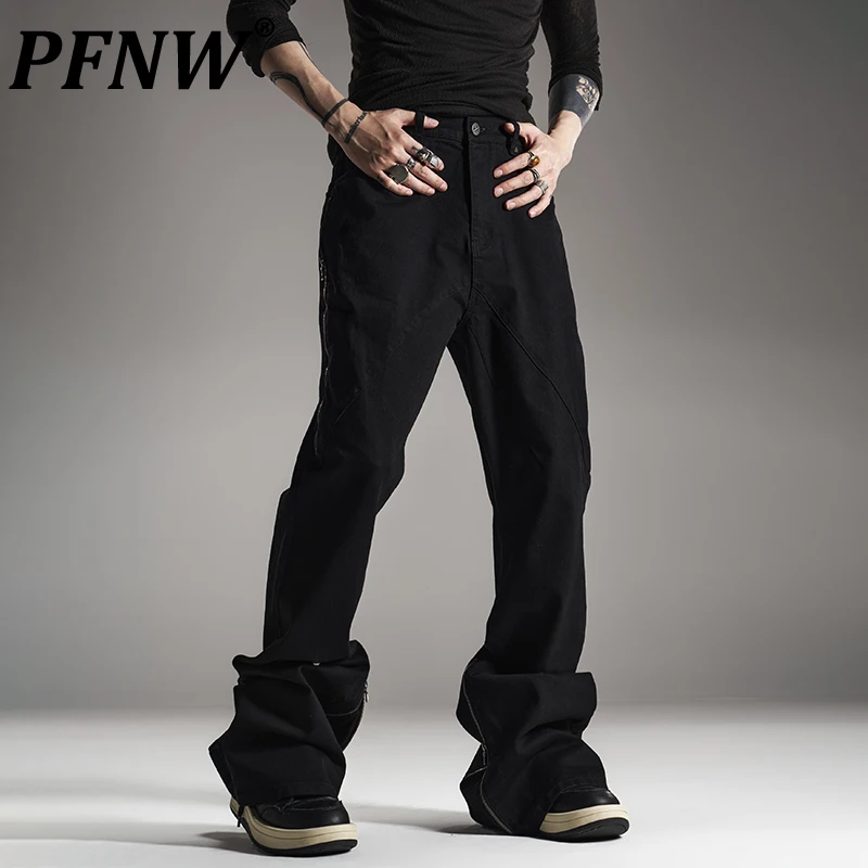 

PFNW Long Zipper Men's Flared Jeans High Street Solid Color Male Denim Trousers Pleating Pants 2023 Autumn Stylish New 28W1529